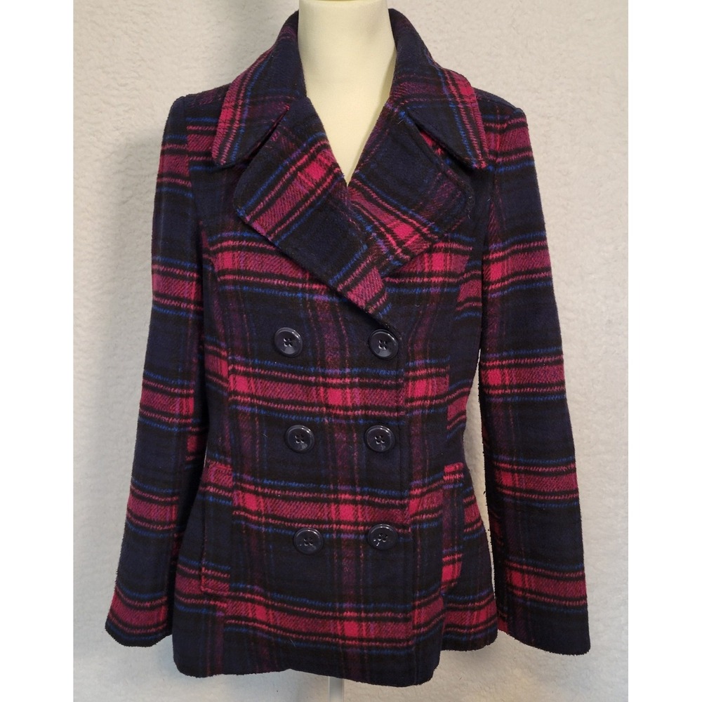 Rampage Coat‎ Size Medium Navy Plaid Juniors Button Up Polyester 0810